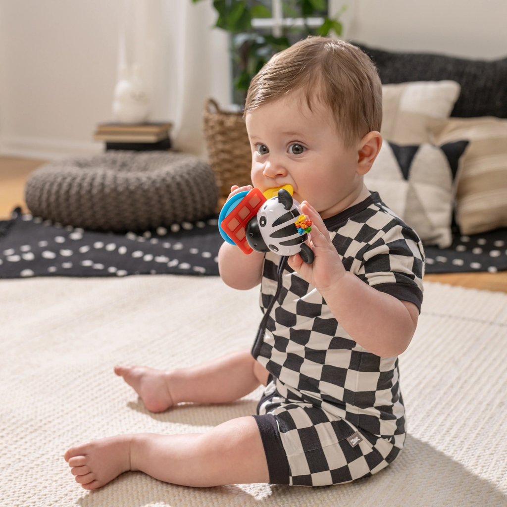 BABY EINSTEIN Hryzačka s hrkálkou zebra Zen™ Shake-a-Shape bez BPA 0m+