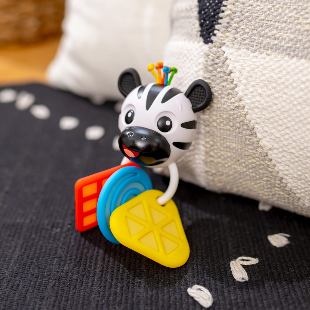 BABY EINSTEIN Hryzačka s hrkálkou zebra Zen™ Shake-a-Shape bez BPA 0m+