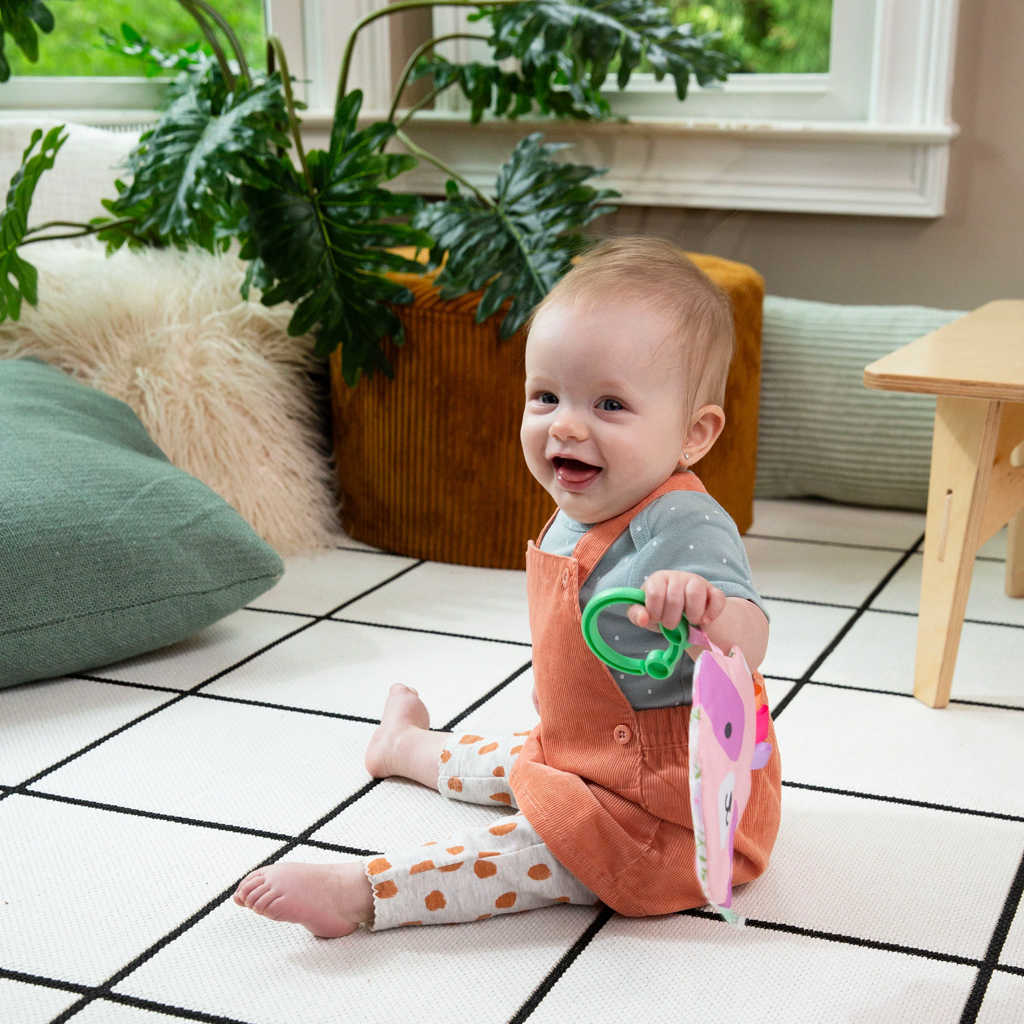 INGENUITY Hračka senzorická na C krúžku Crinklet™ mýval Deni 0m+