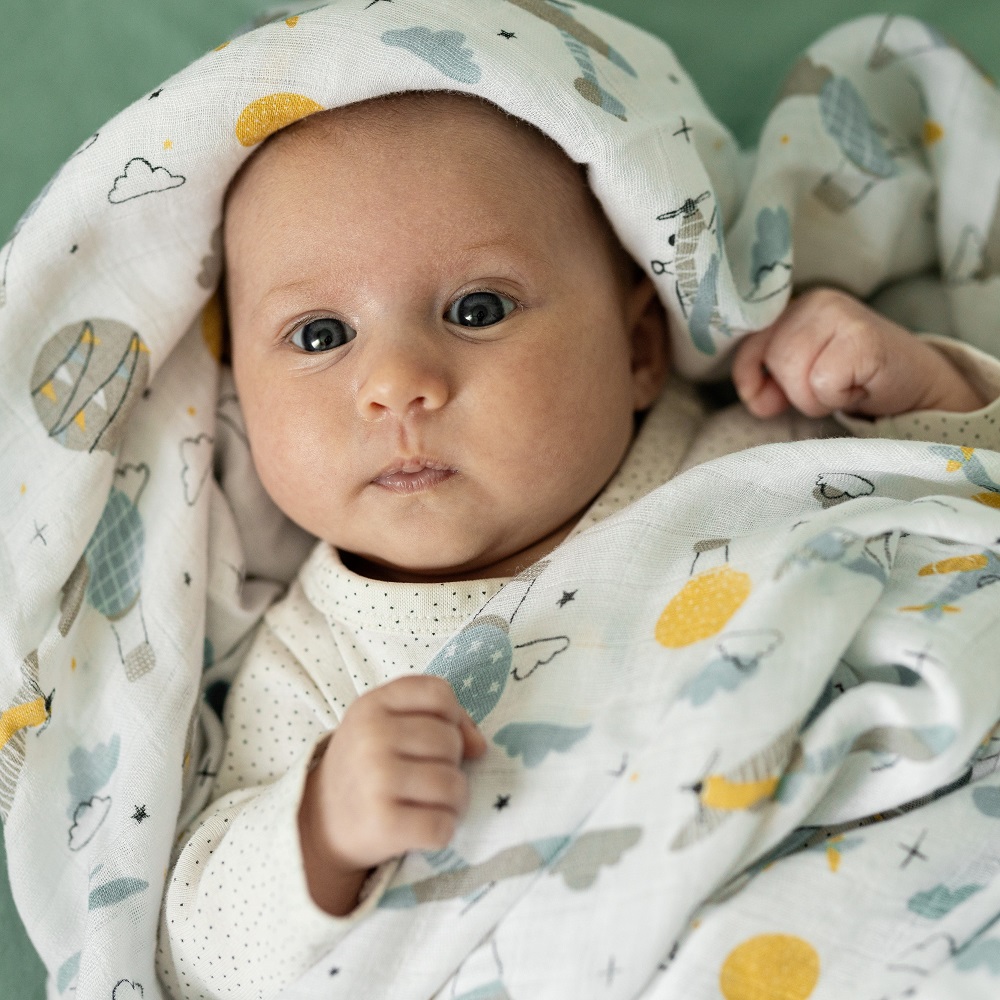 PETITE&amp;MARS Prikrývka bambusová mušelínová 2ks Misty Grey Planes 2v1, 120 x 120 cm