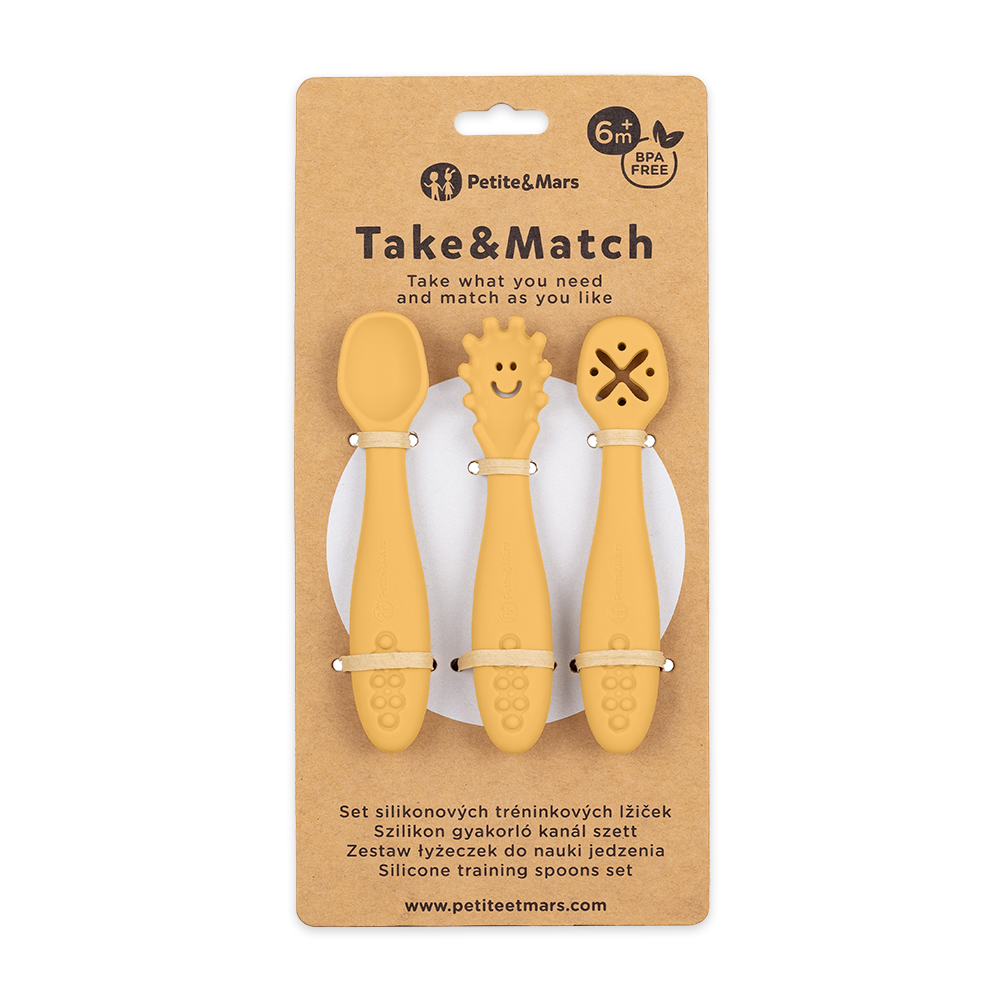 PETITE&amp;MARS Set 3 ks silikónových tréningových lyžičiek Take&amp;Match Intense Ochre 6m+