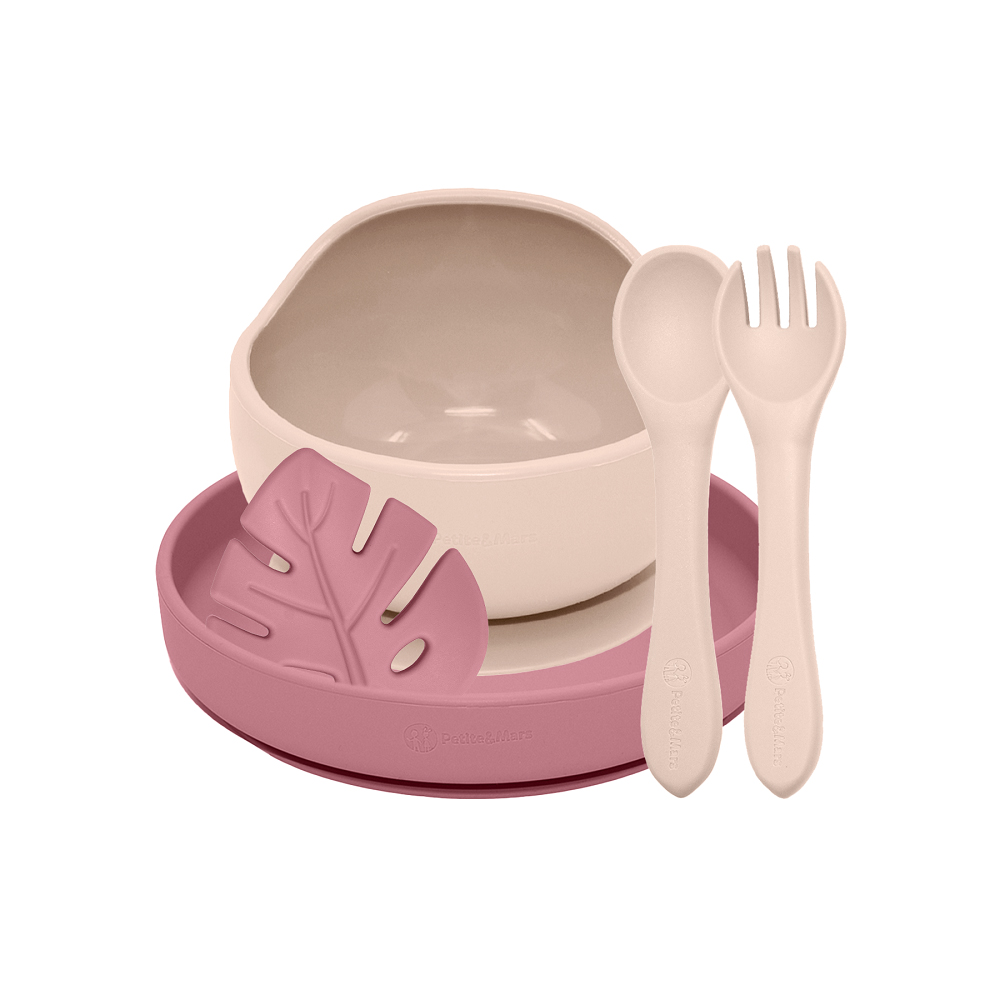 PETITE&amp;MARS Set jedálenský silikónový TAKE&amp;MATCH 4 ks Desert Sand - Dusty Rose 6m+