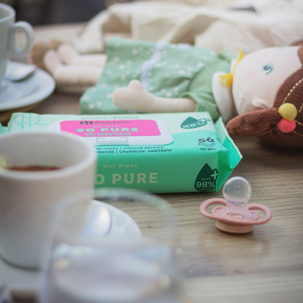 PETITE&amp;MARS Obrúsky vlhčené SO PURE bambusové bioodbúrateľné 56 ks