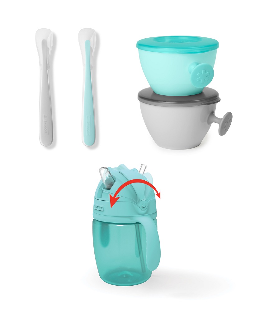 SKIP HOP Set jedálenský s hrnčekom 5 ks Easy-Feed Mealtime Set Teal/Grey 6m+