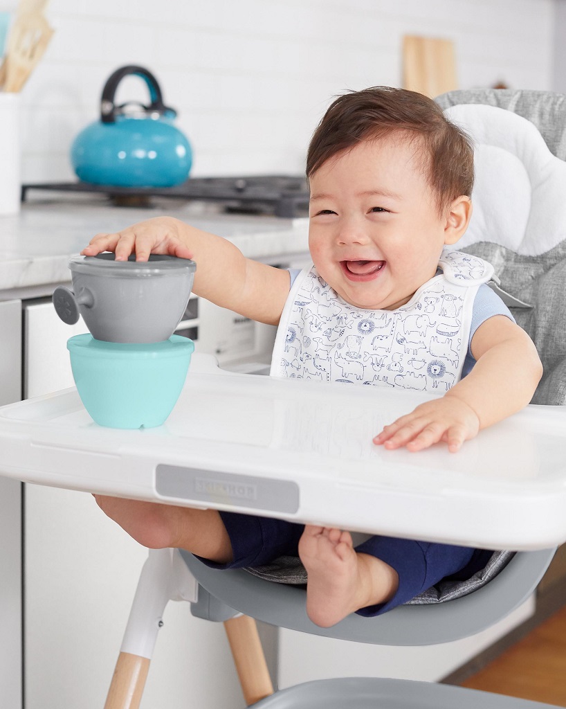 SKIP HOP Set jedálenský s hrnčekom 5 ks Easy-Feed Mealtime Set Teal/Grey 6m+