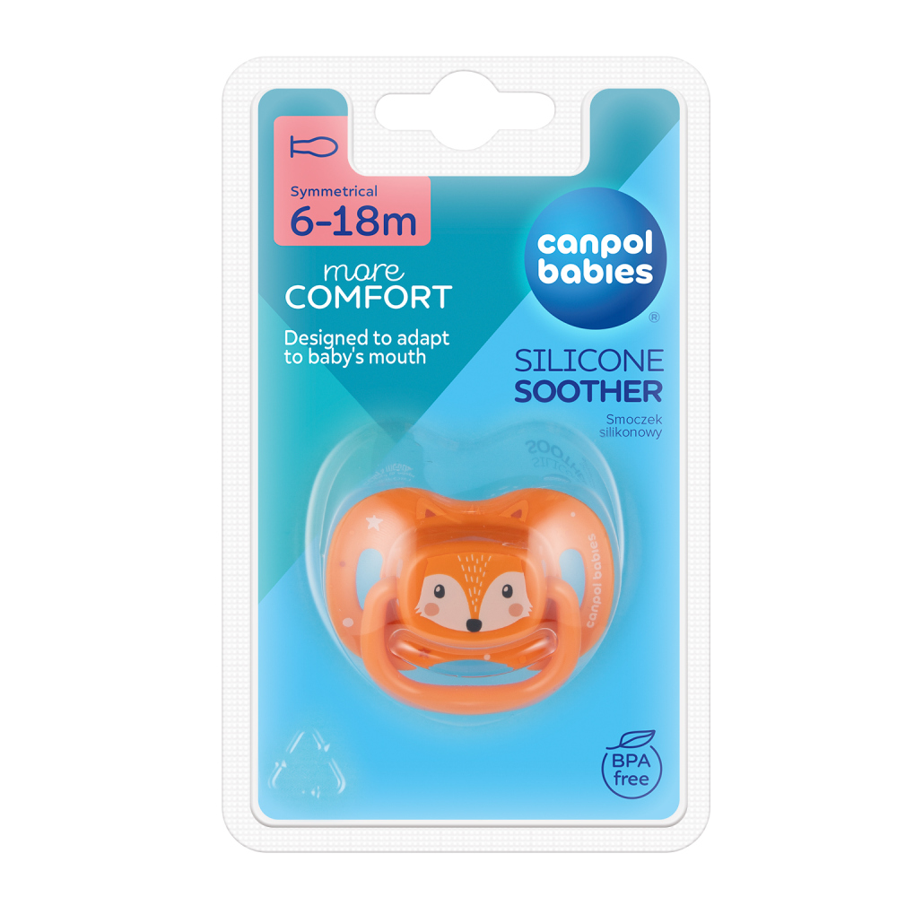 CANPOL BABIES Cumlík silikónový symetrický Cute animals 6-18m 1ks oranžový