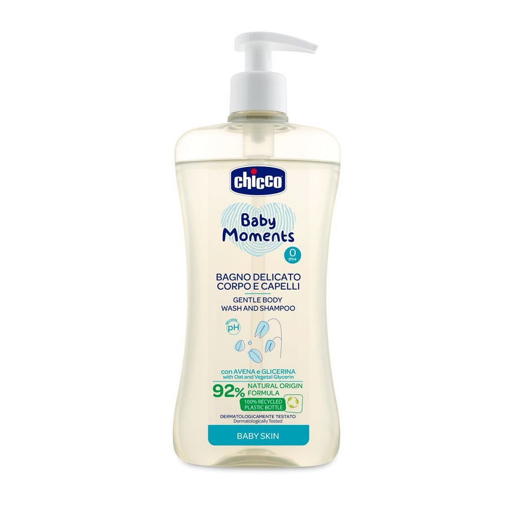 CHICCO Šampón jemný na vlasy a telo s dávkovačom Baby Moments 92 % prírodných zložiek 500 ml