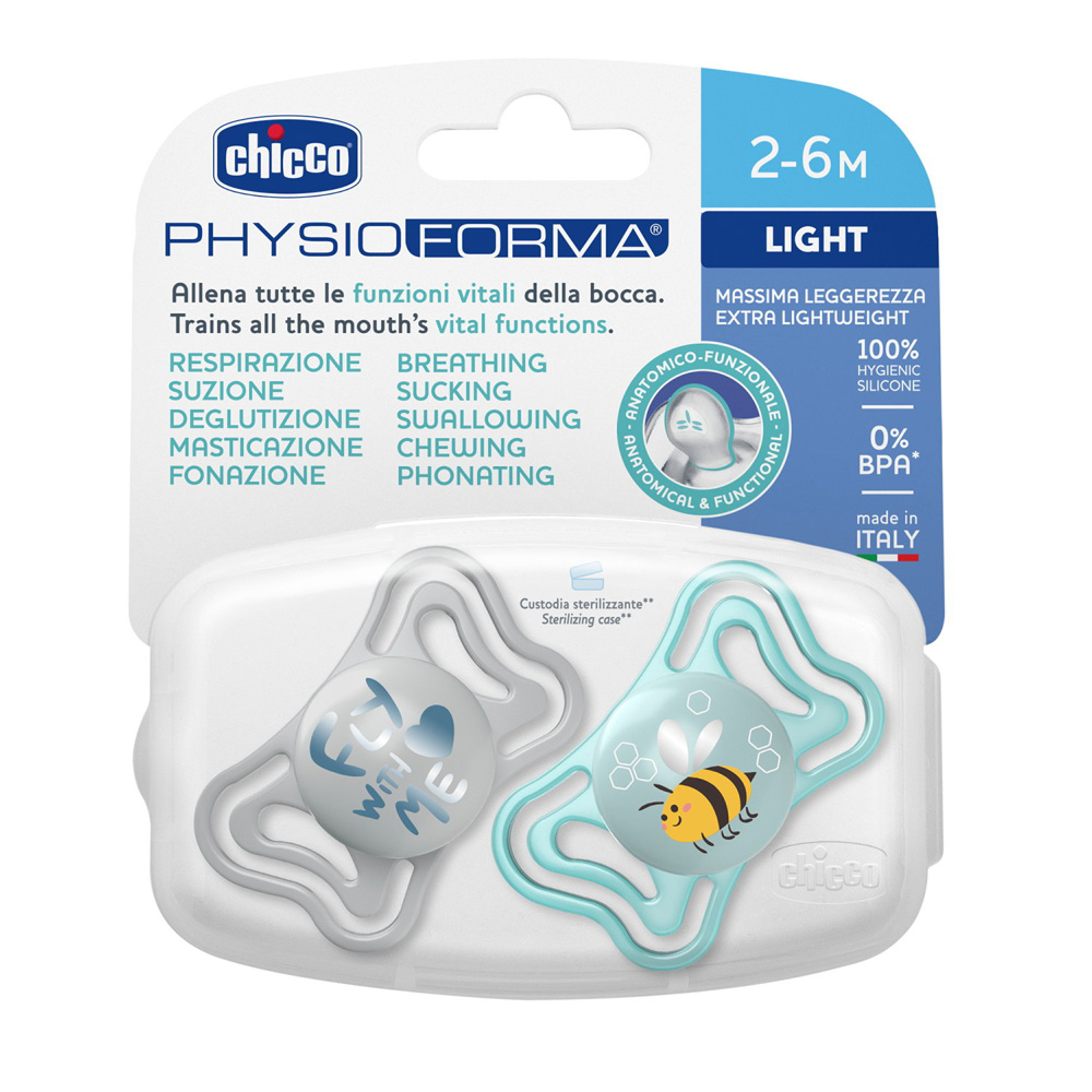 CHICCO Cumlík Physio Light silikónový chlapec 2-6m, 2 ks