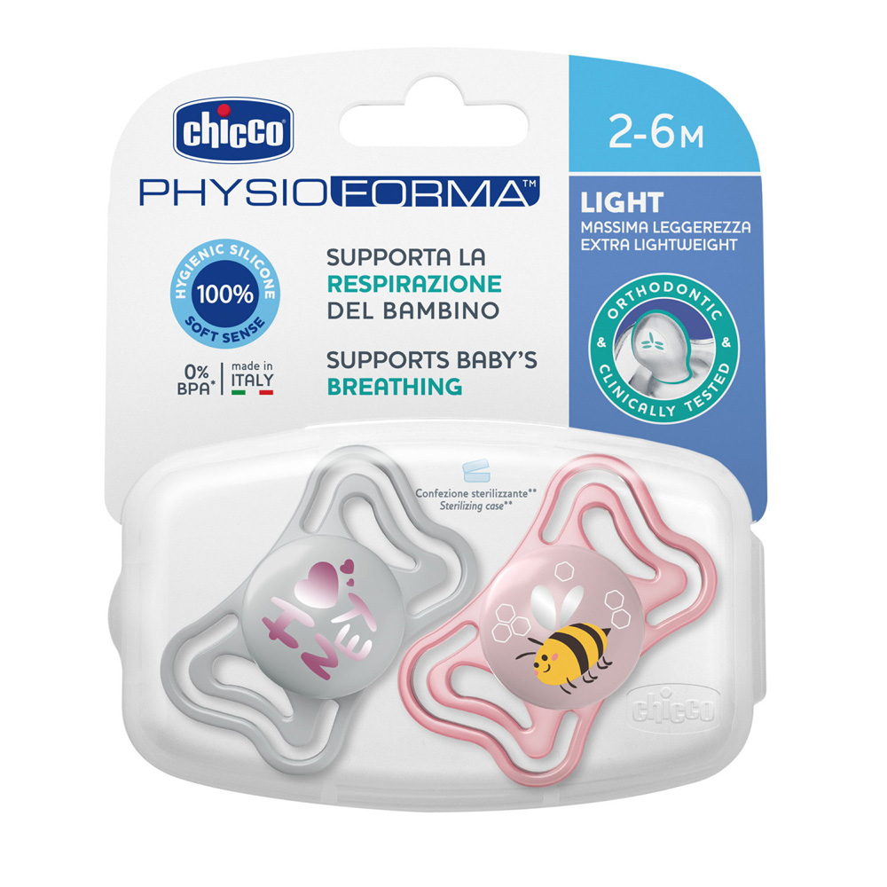 CHICCO Cumlík Physio Light silikónový dievča 2-6m, 2 ks