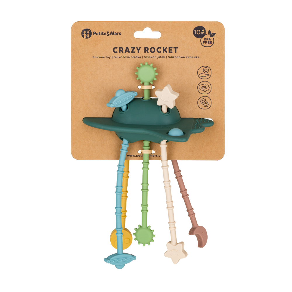 PETITE&amp;MARS Hračka silikónová senzorická Crazy rocket Misty Green 10m+