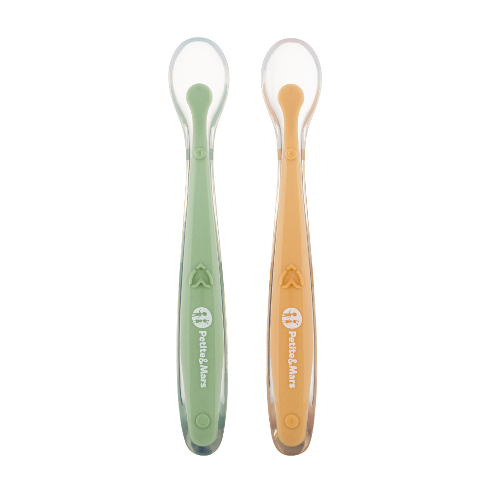 PETITE&amp;MARS Silikónové lyžičky s puzdrom, sada 2 ks, Take&amp;Match Pea - Ochre 6m+