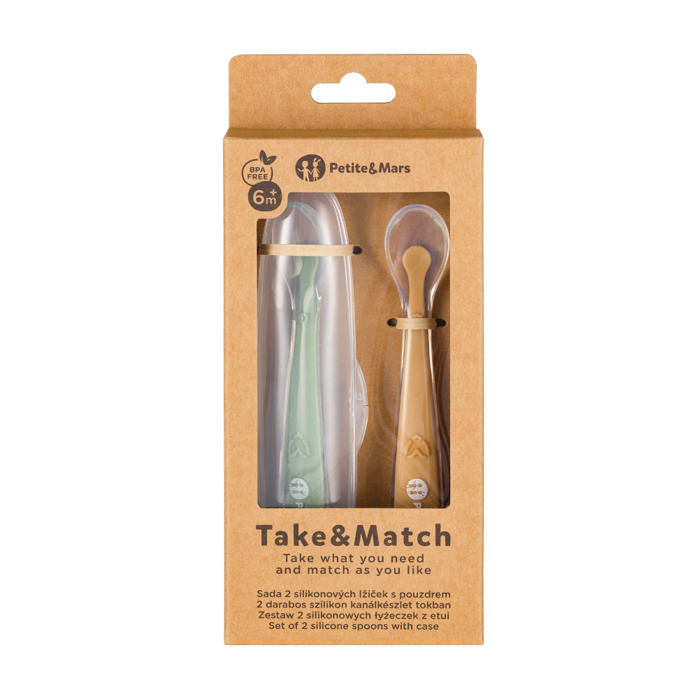 PETITE&amp;MARS Silikónové lyžičky s puzdrom, sada 2 ks, Take&amp;Match Pea - Ochre 6m+