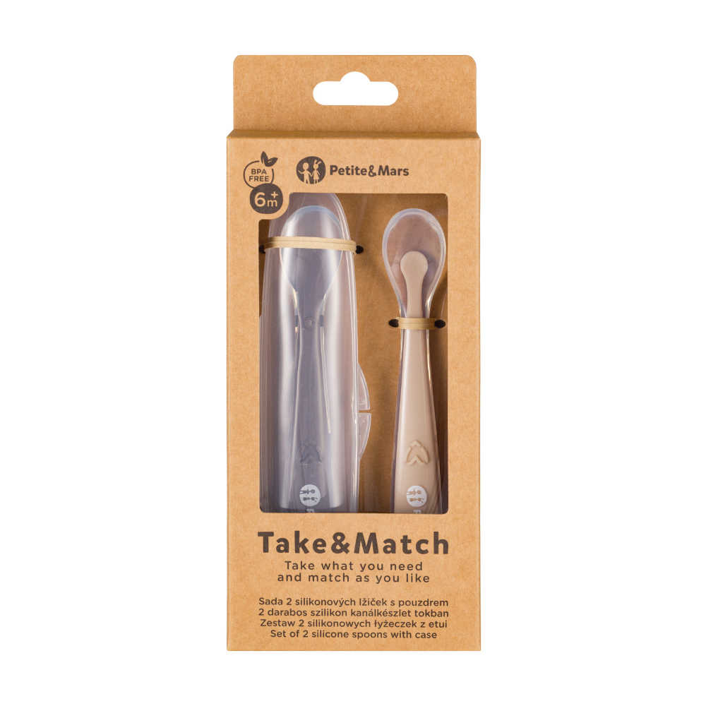 PETITE&amp;MARS Silikónové lyžičky s puzdrom, sada 2 ks, Take&amp;Match Sand - Cocoa 6m+