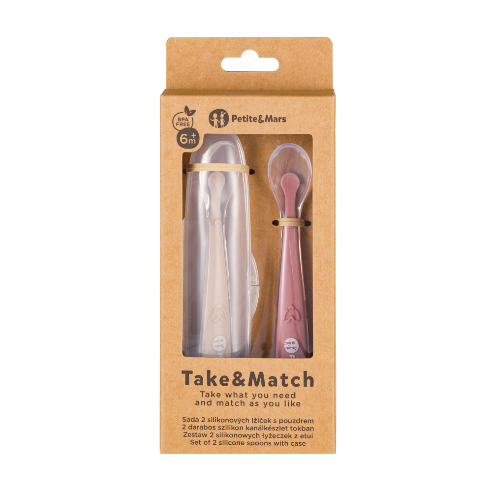 PETITE&amp;MARS Silikónové lyžičky s puzdrom, sada 2 ks, Take&amp;Match Sand - Rose 6m+