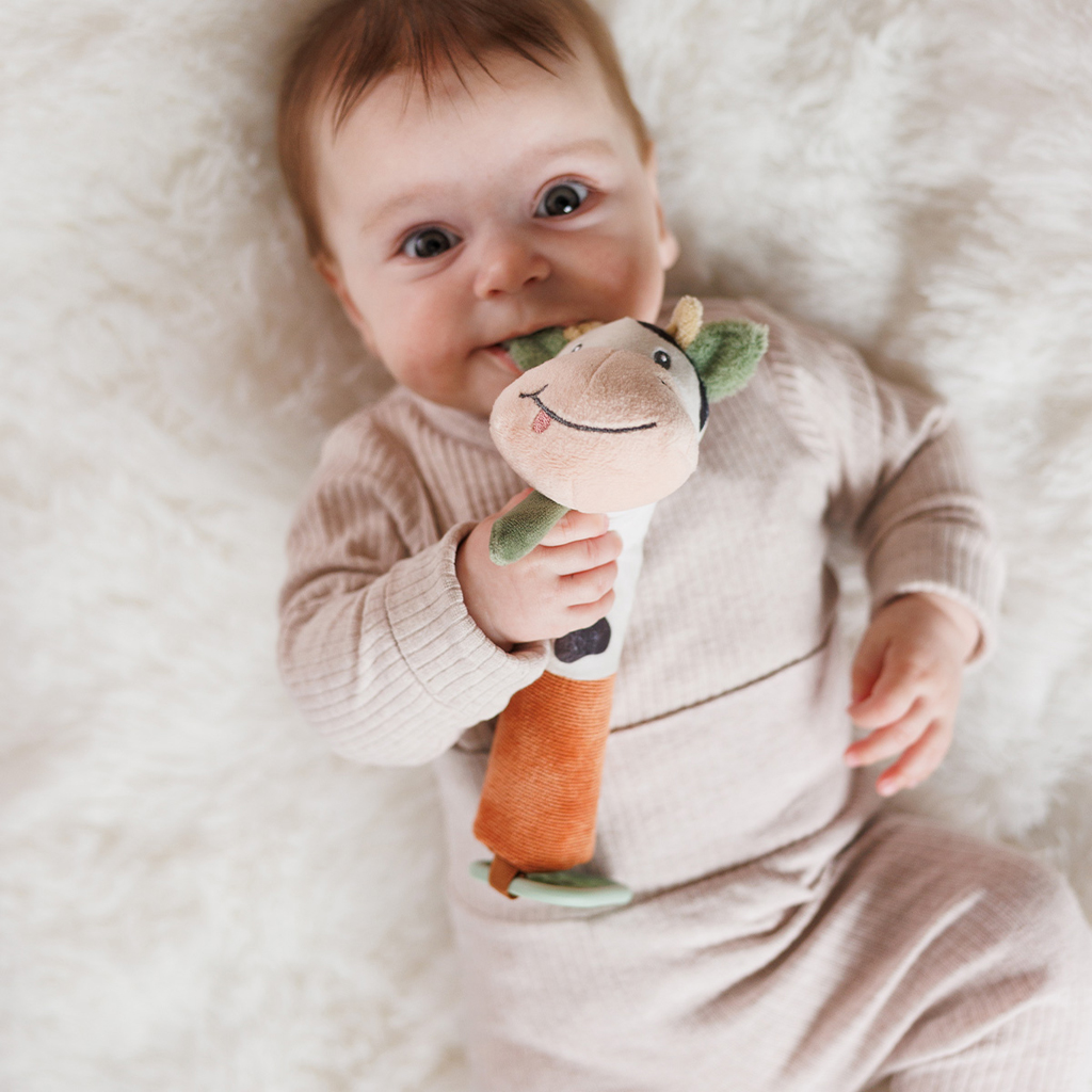 BABYONO Hračka pískacia s hryzačkou Cow Bingo 6m+