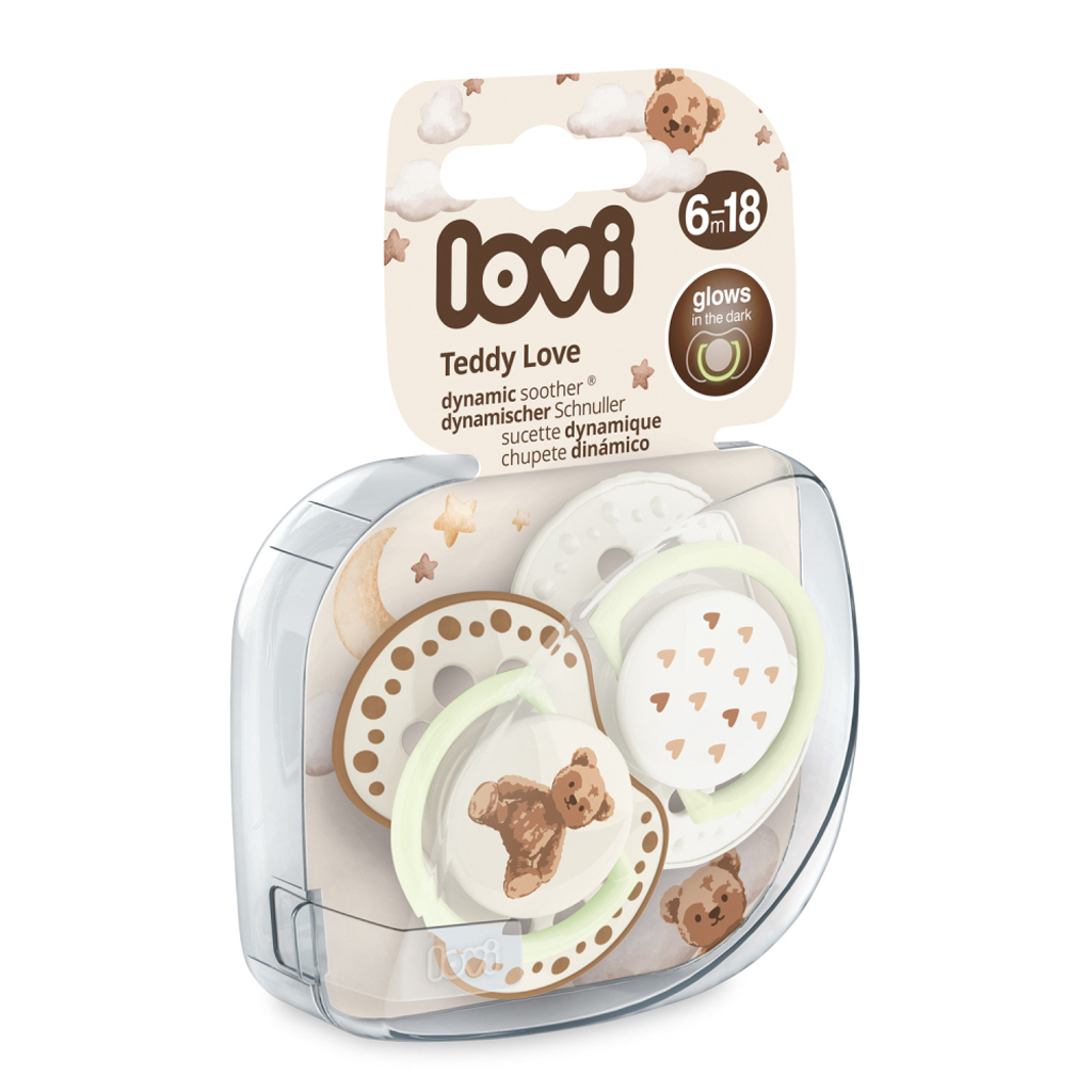 LOVI Cumlík svietiaci silikónový dynamický Teddy love 6-18m 2ks