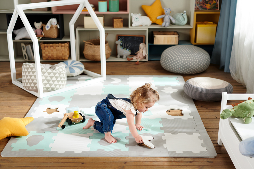 KINDERKRAFT Podložka penová puzzle Luno Shapes 185 x 165 cm Yellow, 30ks, Premium