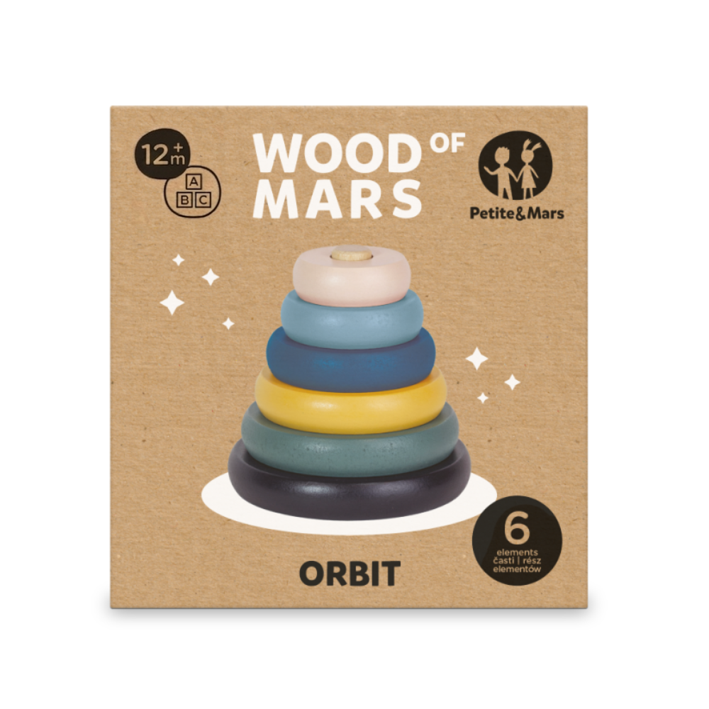 PETITE&amp;MARS Hračka drevená skladacia Orbit Wood of Mars 12m+ Cosmic Blue