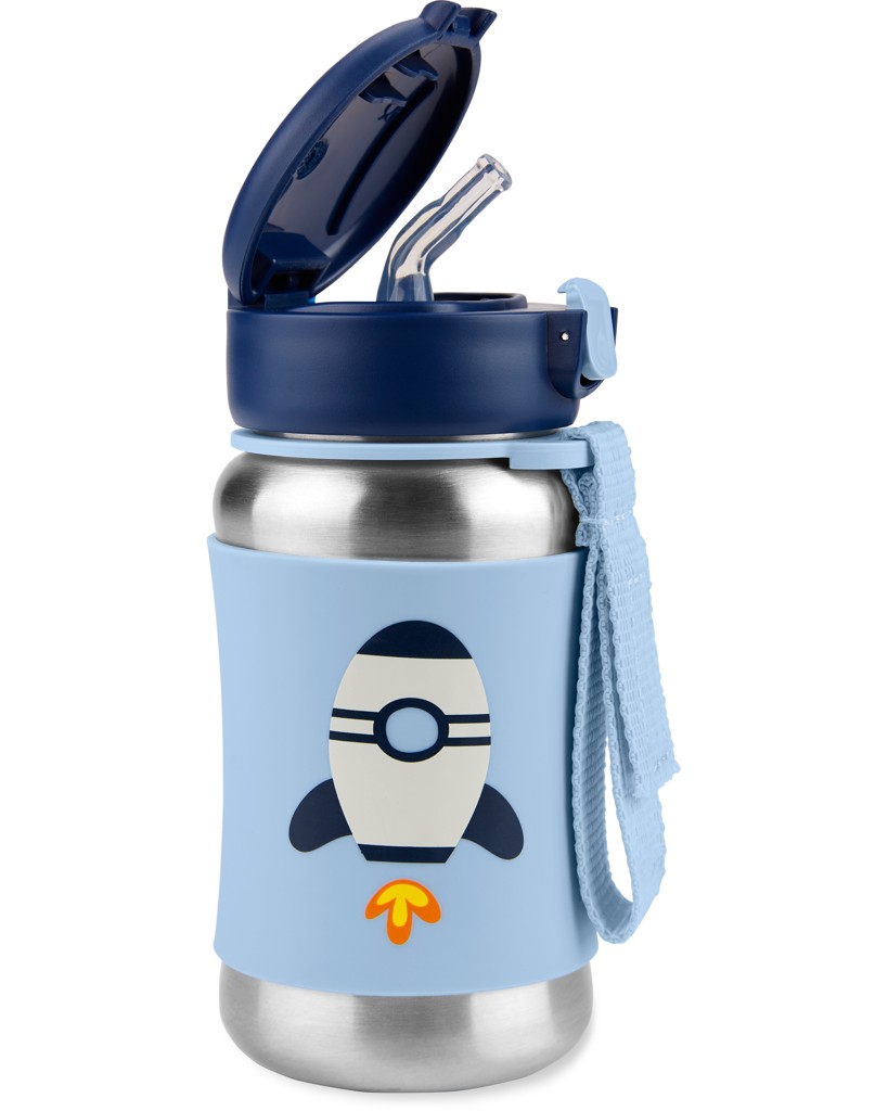 SKIP HOP Spark Style Fľaša so slamkou na vodu nerez Raketa 12m+