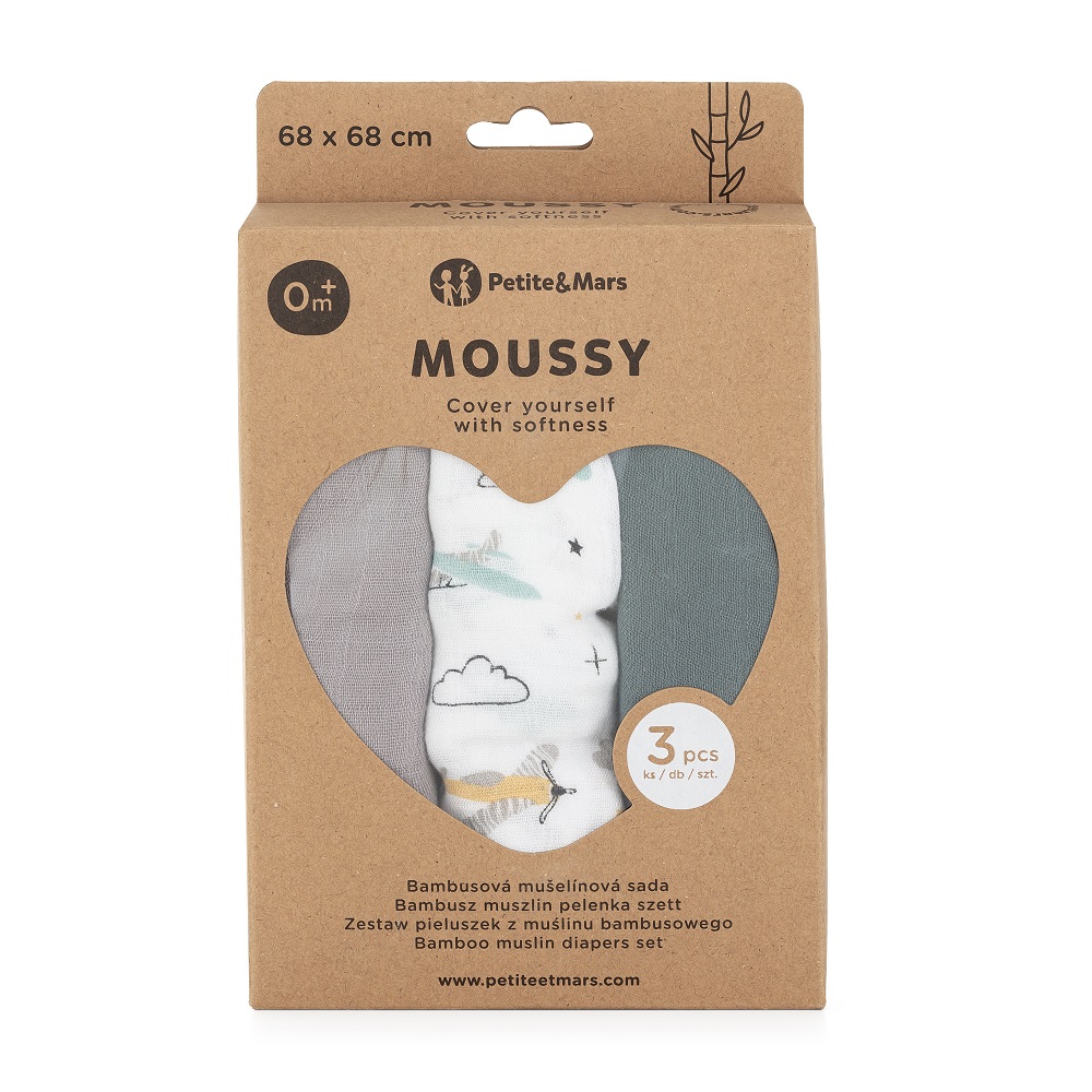 PETITE&amp;MARS Sada plienok bambusová mušelínová 3ks Moussy Grey Planes, 68 x 68 cm