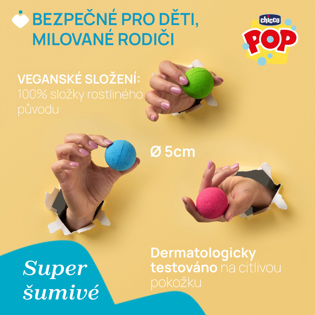 CHICCO Šumivé kúpeľové bomby POP pre deti a teenagerov 3 ks