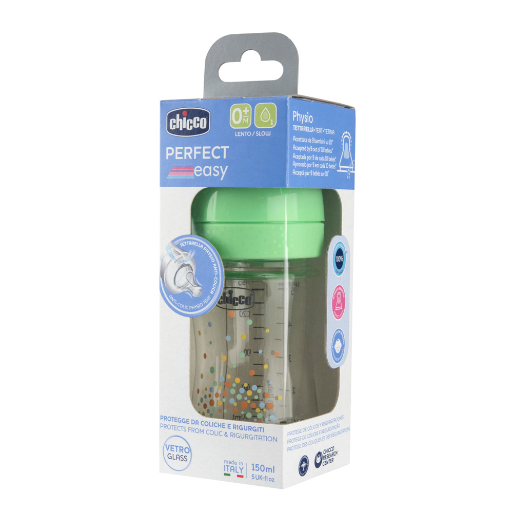 CHICCO Dojčenská sklenená fľaša Perfect Easy 150 ml, pomalý silikónový prietok, neutrálna, 0m+