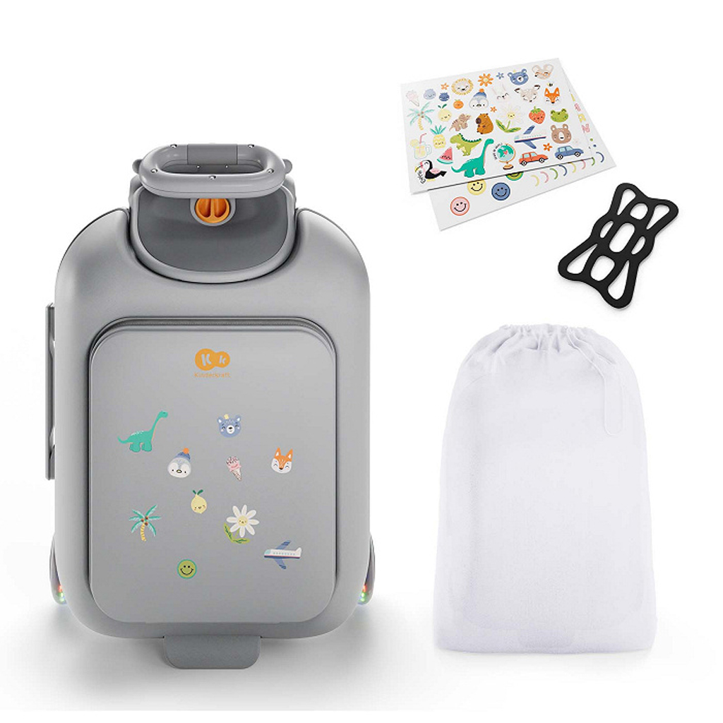 KINDERKRAFT Kufor cestovný so sedákom, nálepkami a držiakom na mobil 2v1 Cabby Grey