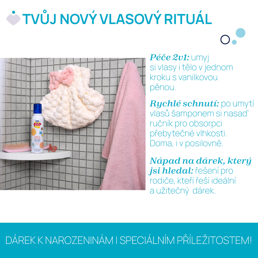 CHICCO Pena na vlasy a telo POP Vanilla Fluffy 200ml s uterákom na vlasy