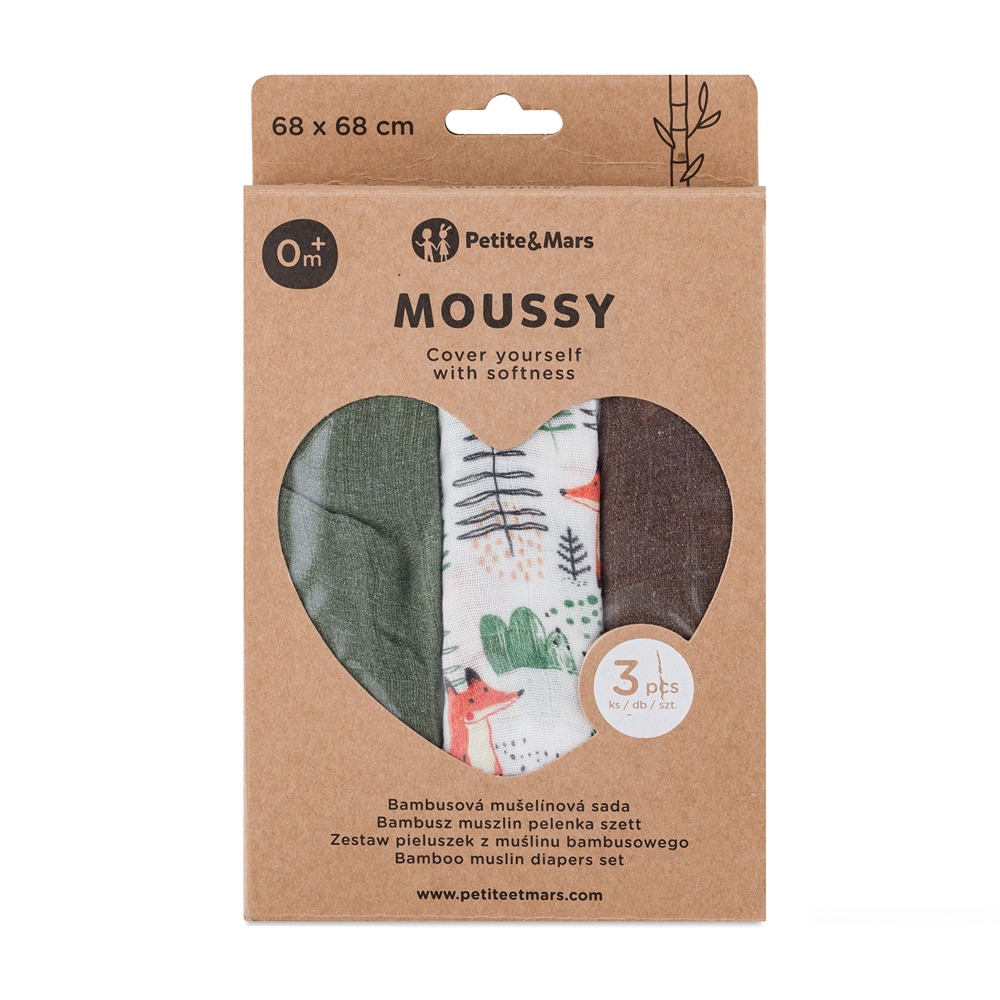 PETITE &amp; MARS Sada plienok bambusová mušelínová 3ks Moussy Forest Fox 68 x 68 cm