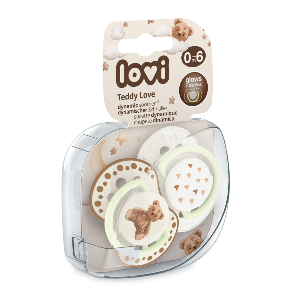 LOVI Cumlík svietiaci silikónový dynamický Teddy love 0-6m 2ks