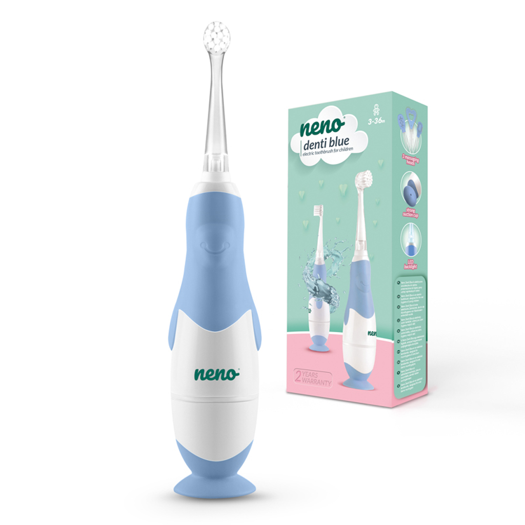 NENO Kefka zubná Denti Blue elektronická pre deti 3–36 mesiacov s LED svetlom a 4 nadstavcami