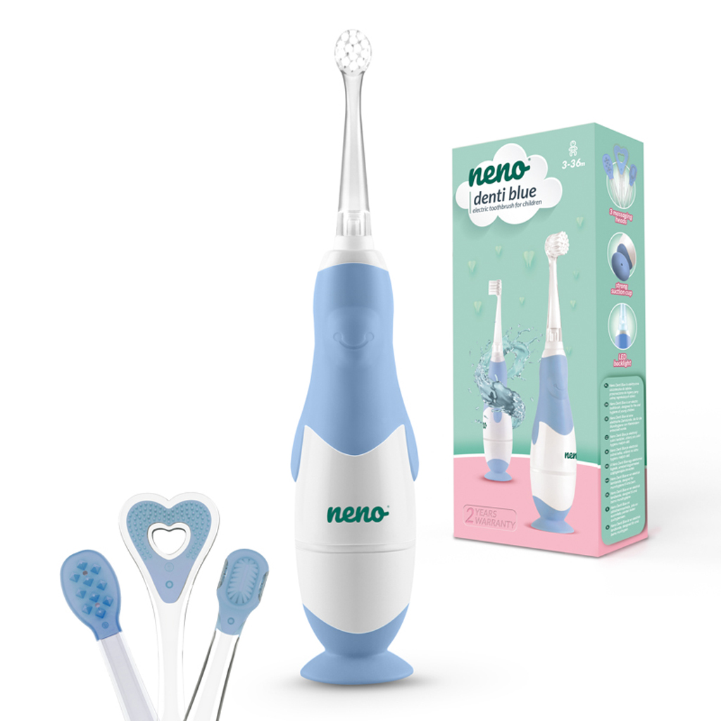 NENO Kefka zubná Denti Blue elektronická pre deti 3–36 mesiacov s LED svetlom a 4 nadstavcami