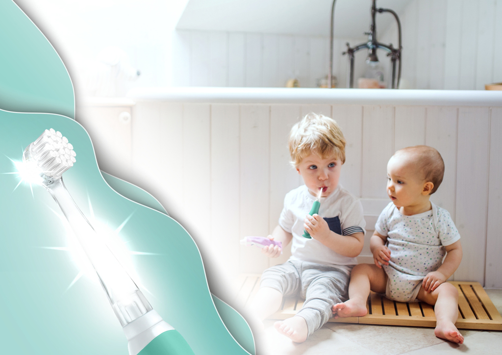 NENO Kefka zubná Denti Blue elektronická pre deti 3–36 mesiacov s LED svetlom a 4 nadstavcami