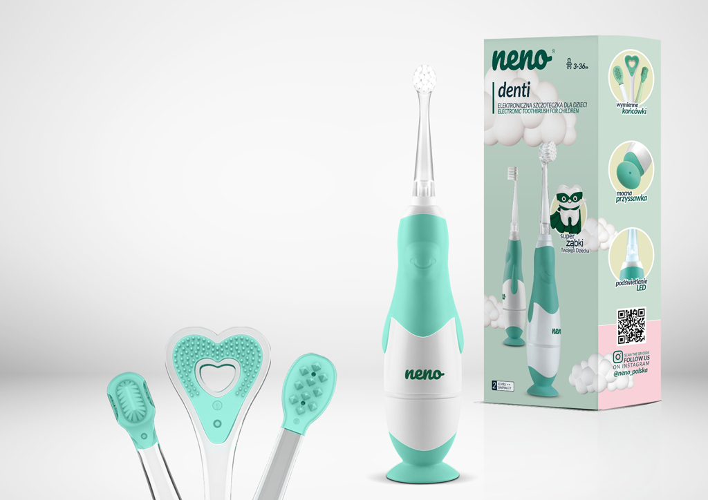 NENO Kefka zubná Denti Blue elektronická pre deti 3–36 mesiacov s LED svetlom a 4 nadstavcami
