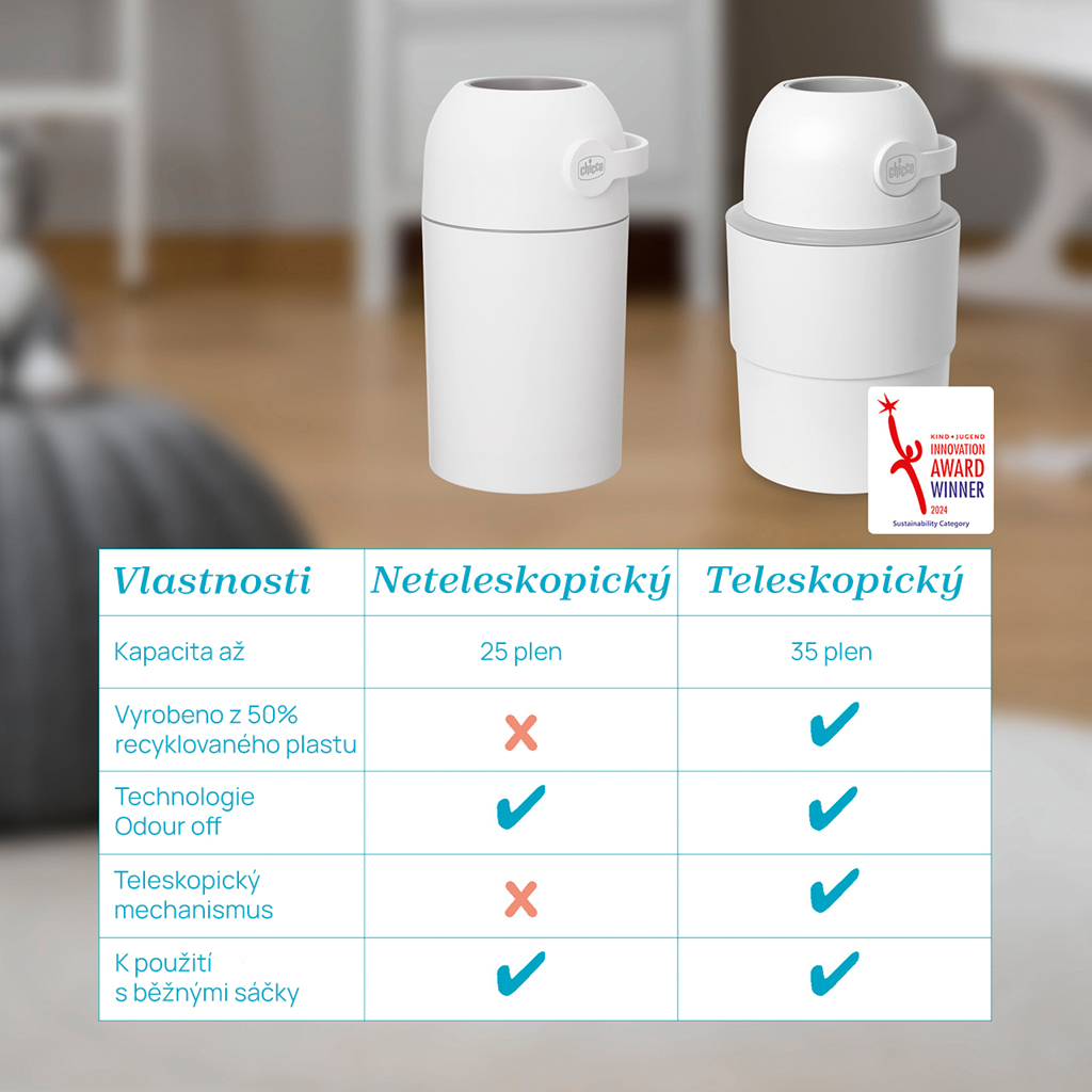CHICCO Kôš na plienky teleskopický Odour Off na odstránenie zápachu White