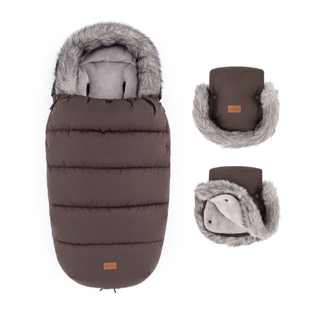PETITE&amp;MARS Set zimný fusak Comfy 4v1 + rukavice na kočík Furry Rich Brown