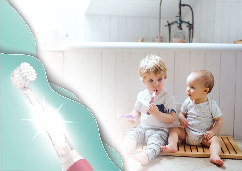 NENO Kefka zubná Denti Pink elektronická pre deti 3–36 m s LED svetlom a 4 nadstavcami, rúžová