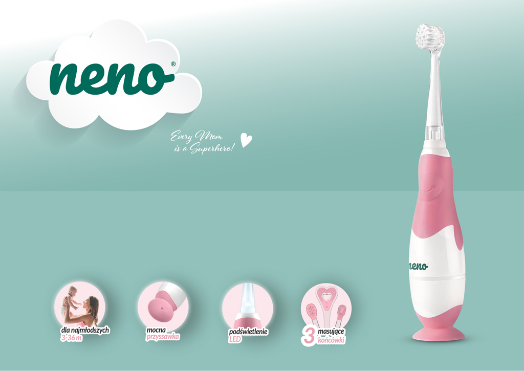NENO Kefka zubná Denti Pink elektronická pre deti 3–36 m s LED svetlom a 4 nadstavcami, rúžová