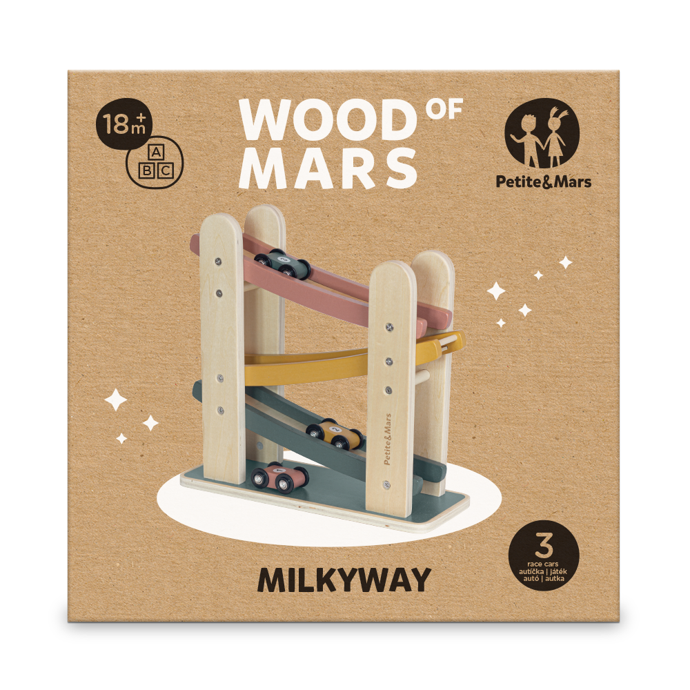 PETITE&amp;MARS Hračka drevená pretekárska dráha Milky Way Wood of Mars 18m+ Aurora Pink