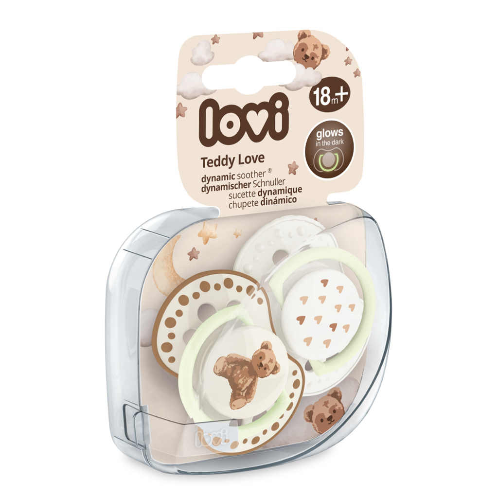 LOVI Cumlík svietiaci silikónový dynamický Teddy love 18m+ 2ks