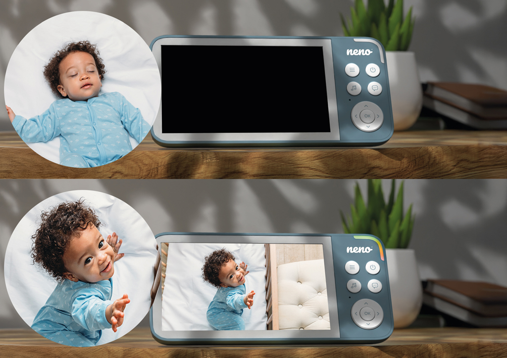 NENO Video pestúnka Vedo, bezdrôtový 5" monitor, otočná kamera 355°, nočné svetlo, biely šum Blue