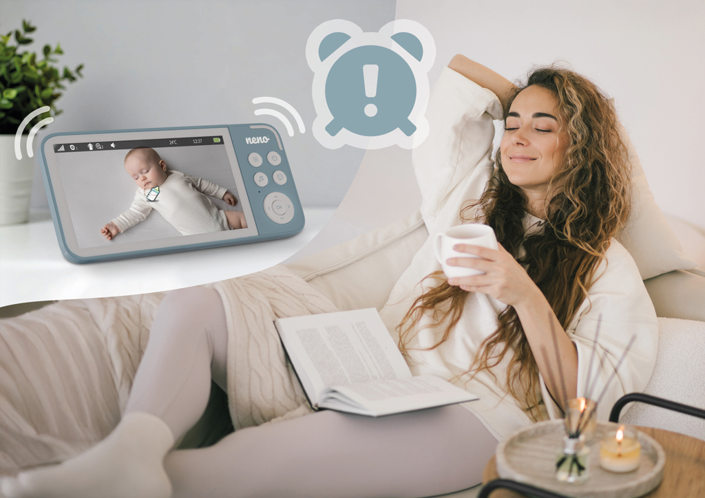 NENO Video pestúnka Vedo, bezdrôtový 5" monitor, otočná kamera 355°, nočné svetlo, biely šum Blue