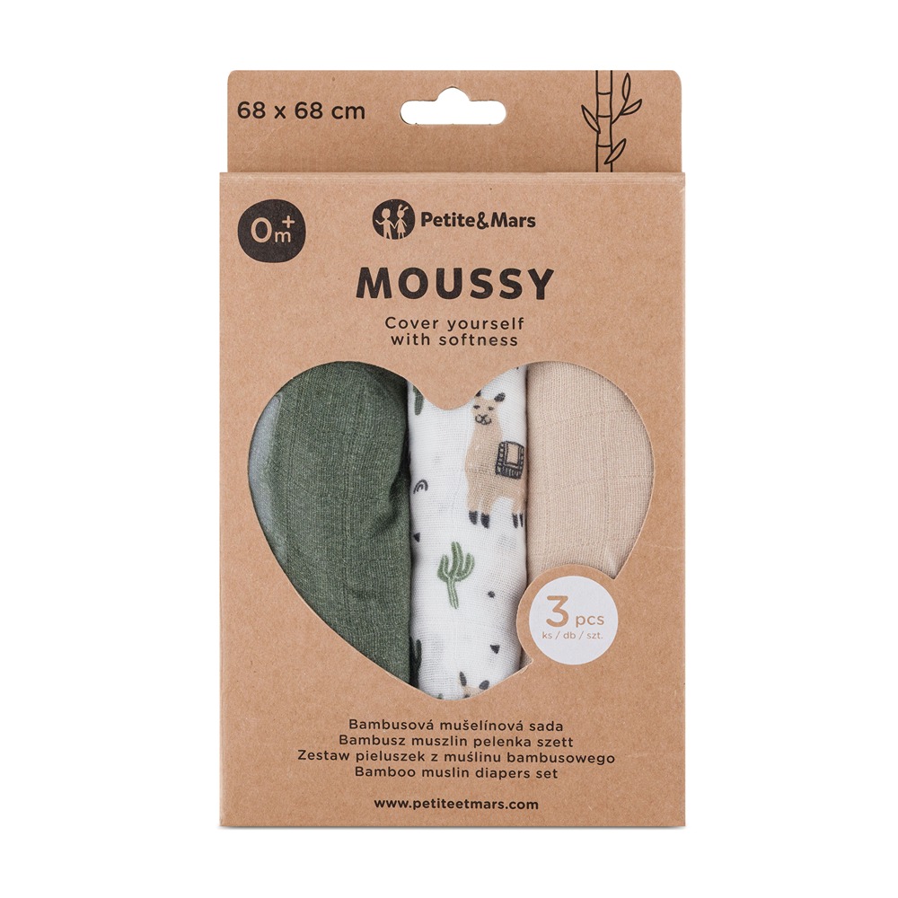 PETITE &amp; MARS Sada plienok bambusová mušelínová 3ks Moussy Llama Vibes 68 x 68 cm