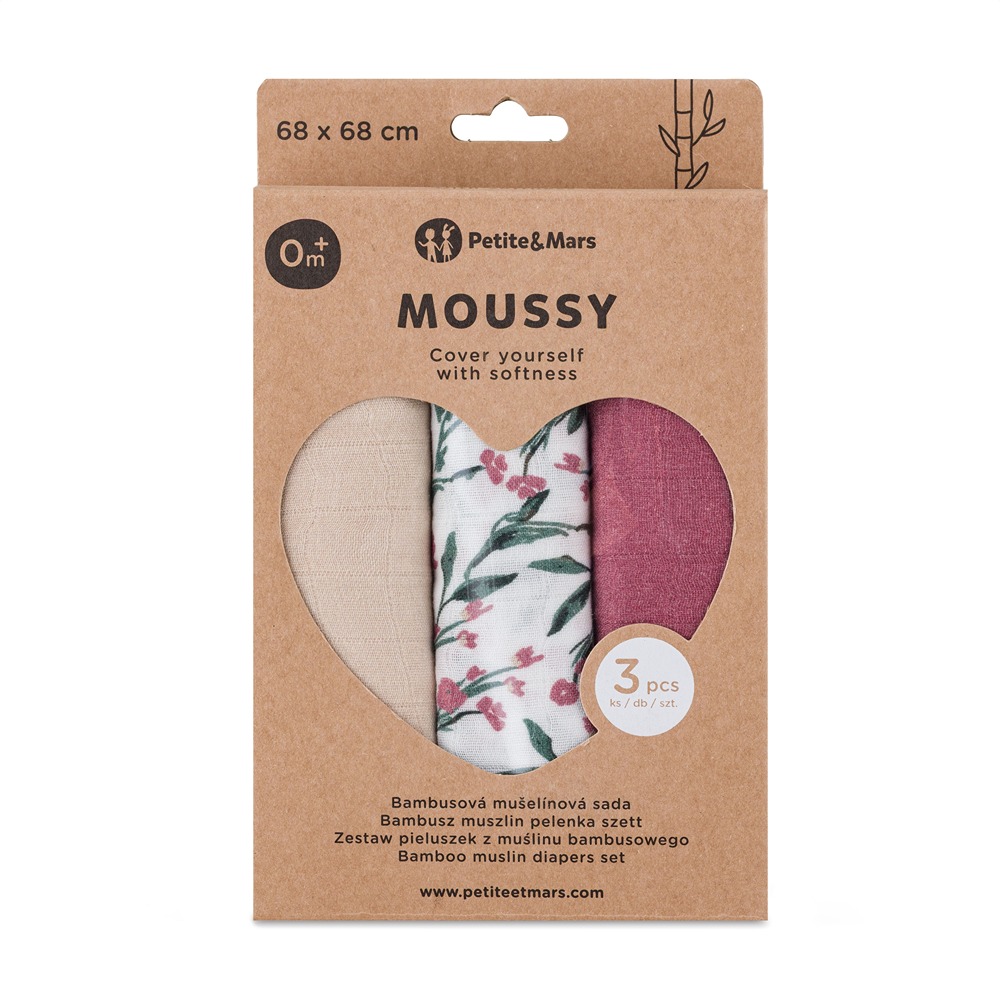 PETITE &amp; MARS Sada plienok bambusová mušelínová 3ks Moussy Pink Meadow 68 x 68 cm