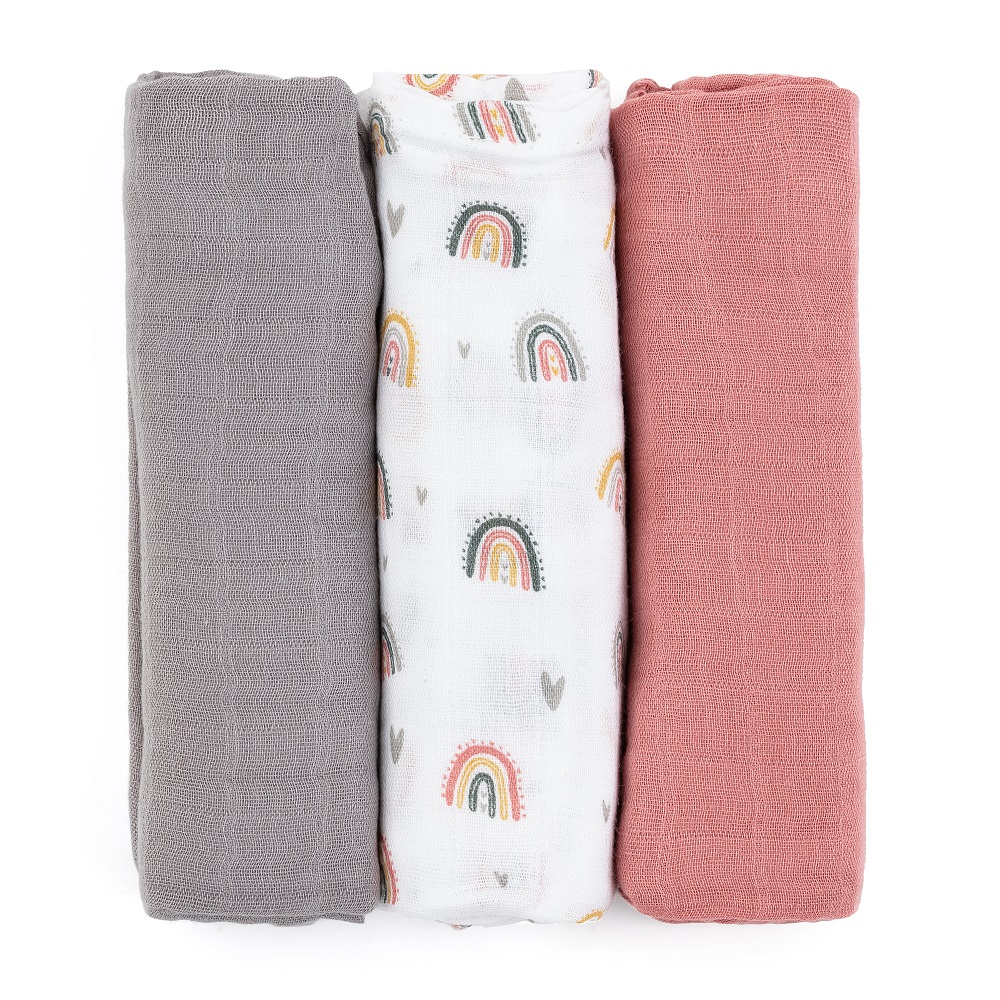 PETITE&amp;MARS Sada plienok bambusová mušelínová 3ks Moussy Rose Rainbows, 68 x 68 cm