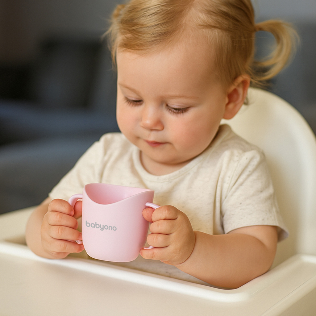 BABYONO Hrnček ergonomický s uškami 120 ml ružový 6m+