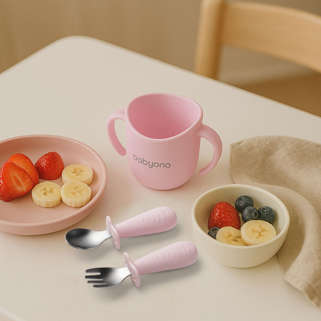 BABYONO Hrnček ergonomický s uškami 120 ml ružový 6m+
