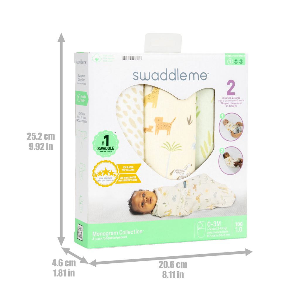 INGENUITY Zavinovačka SwaddleMe™ Uliatka bavlna 1 TOG 0-3m Monogram Collection™ Safari Swaddle, 3ks