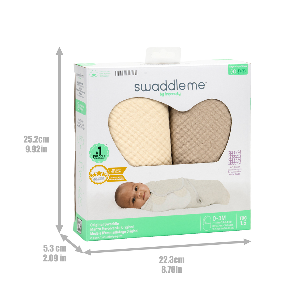 INGENUITY Zavinovačka SwaddleMe™ Uliatka mušelín 1 TOG 0-3m Cream/Cashew, 2 ks