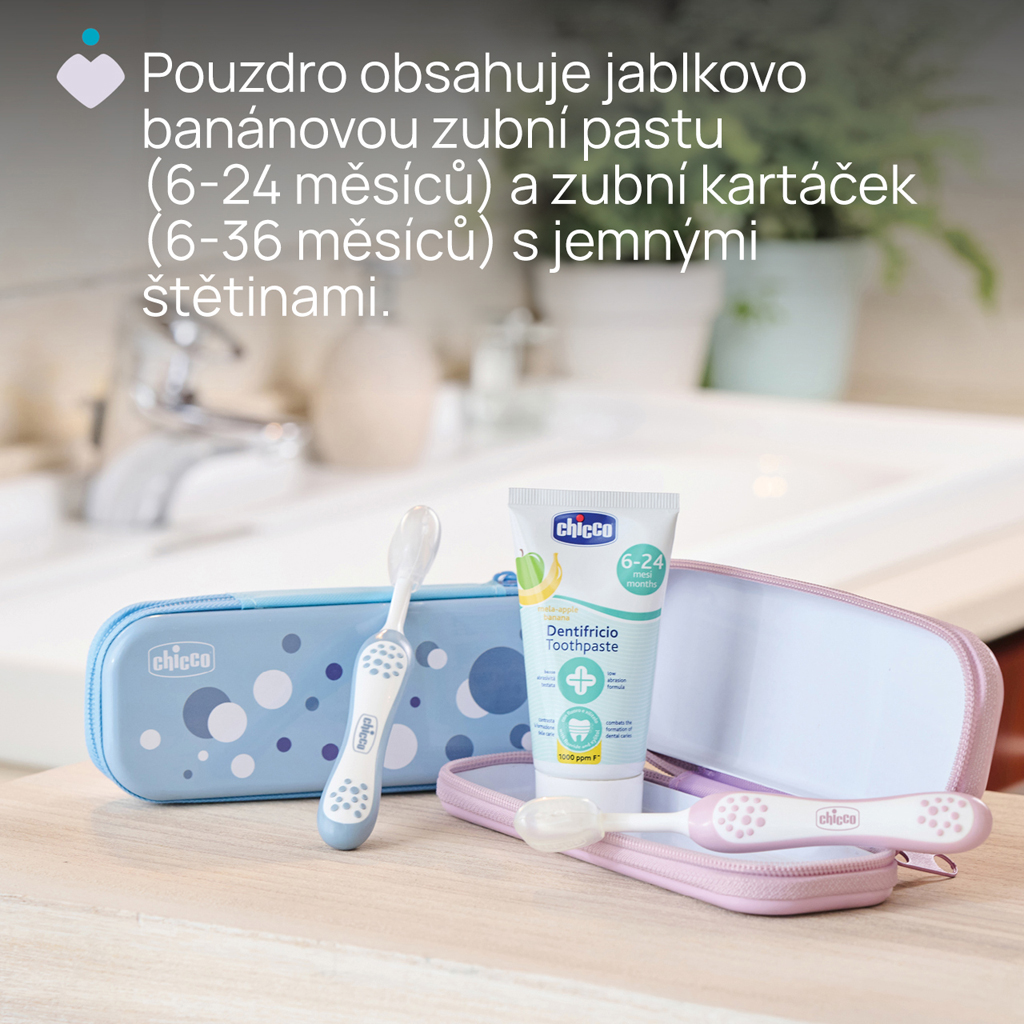 CHICCO Set zubná kefka a pasta v puzdre Always smiling Lilac, 6m+